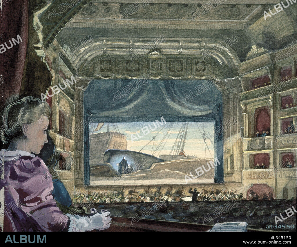 RUDOLF HERMANN. Interior of State Opera theatre Viena during production of opera. Watercolour, 1902.