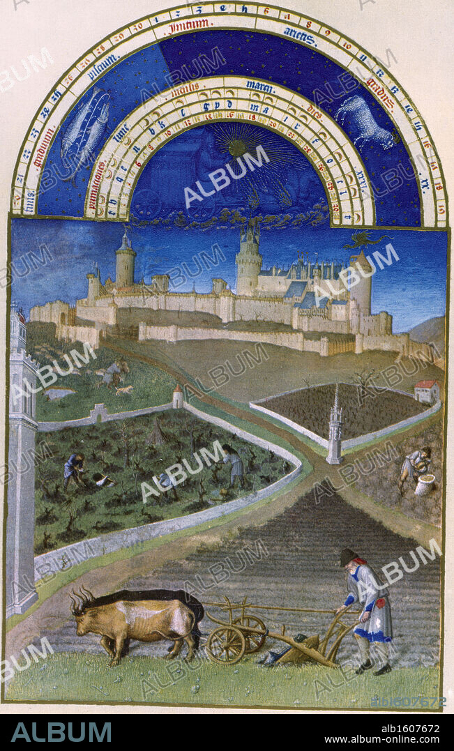 Spring On The Farm - (book Of Hours), 15th C., Limbourg Brothers (Fl.1400-1416/Flemish).