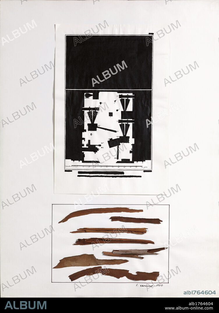 Absent Writing, by Luciano Caruso, 1970, 20th Century, cm 70 x 50. Italy, Campania, Naples, Novecento Museum. All. China ink drawing square panels barks cortexes small numbers white black.  Please remember that author's rights have to be cleared for modern and contemporary works of arts.