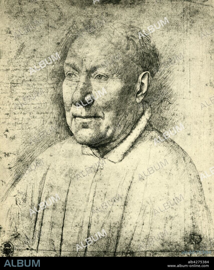 JAN VAN EYCK. Portrait of Cardinal Niccolò Albergati, c1430, (1943). Albergati (1373-1443) was an Italian cardinal, papal diplomat and Bishop of Bologna. Drawing in the Staatliche Kunstsammlungen Dresden, Germany. From "Europäische Handzeichnungen", (Five Hundred Years of European Drawings), by Bernhard Degenhart. [Atlantis-Verlag Berlin, Zürich, 1943].