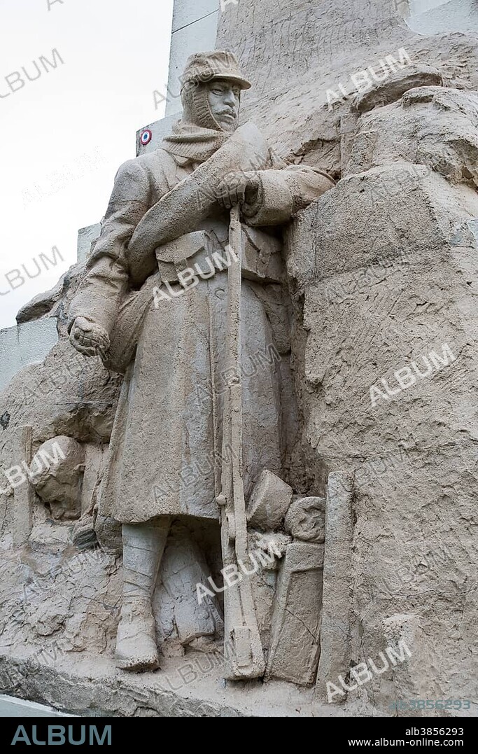 Vauquois Hill, French monument with sculpture, soldiers in the trenches, World War I, near Verdun, Vauquois, Grand Est, France, Europe.
