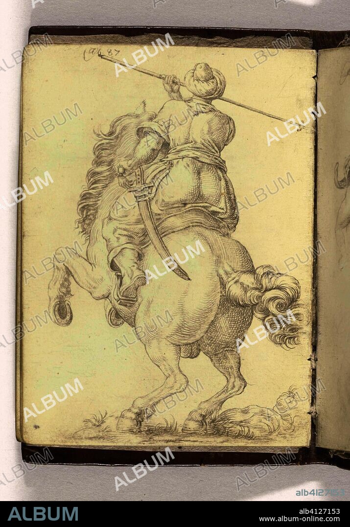 Ruiter met lans, het paard van achteren gezien. Schetsboek "A.S.Fe", 1587, blad 4v(12) (series title). Artist: Philips Galle. Draughtsman: anonymous. Dating: 1587. Measurements: h 105 mm × w 78 mm.