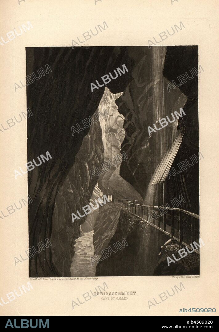 Tamina Gorge Cant. St. Gallen, View of the Tamina Gorge with Path and River, according to p. 71, p. 77, Rüdisühli, J. L. (del., sc. et imp.), 1870, Eduard Osenbrüggen: Das Hochgebirge der Schweiz: Prachtwerk mit 52 der interessantesten Ansichten aus dem Alpen-, Gletscher- und Felsengebiete. Basel: Krüsi, [18--].