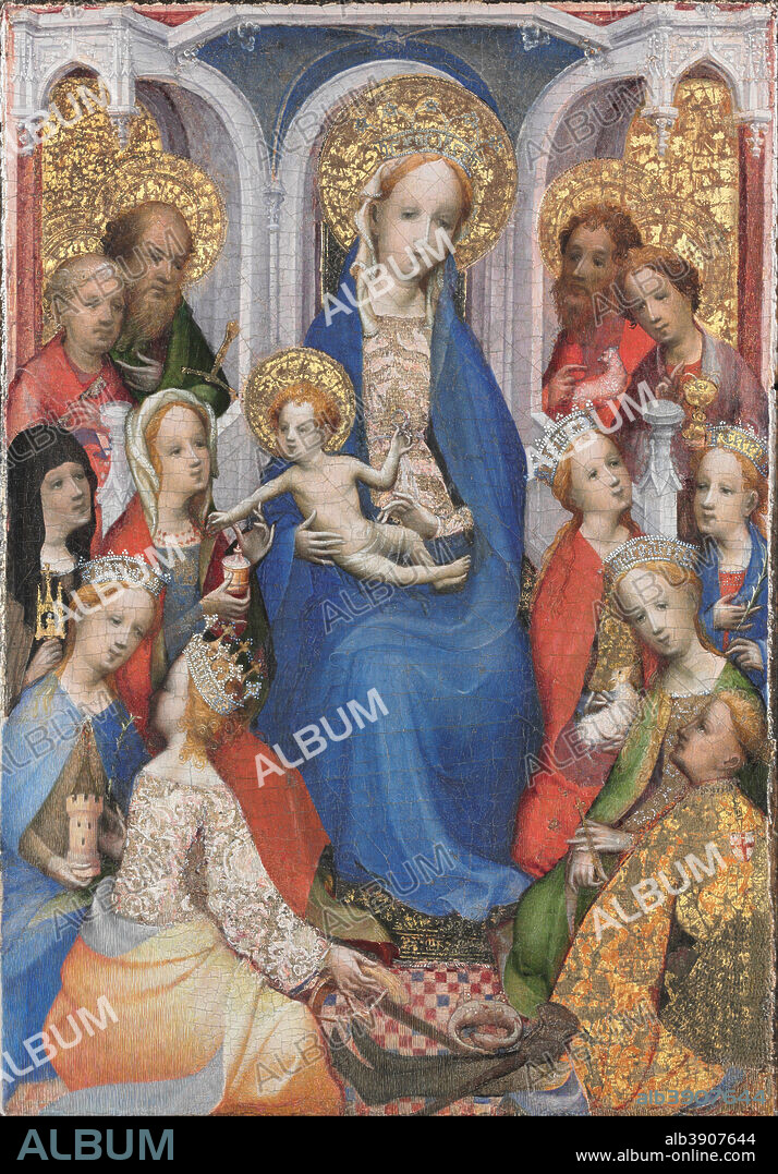 ATTRIBUTED TO THE MASTER OF SAINT VERONICA. Enthroned Virgin and Child, with Saints Paul, Peter, Clare of Assisi, Mary Magdalene, Barbara, Catherine of Alexandria, John the Baptist, John the Evangelist, Agnes, Cecilia, Margaret of Antioch, and George. Date/Period: Ca. 1400-1410. Painting. Oil and gold on panel Oil and gold on panel. Height: 336.80 mm (13.25 in); Width: 235.20 mm (9.25 in).