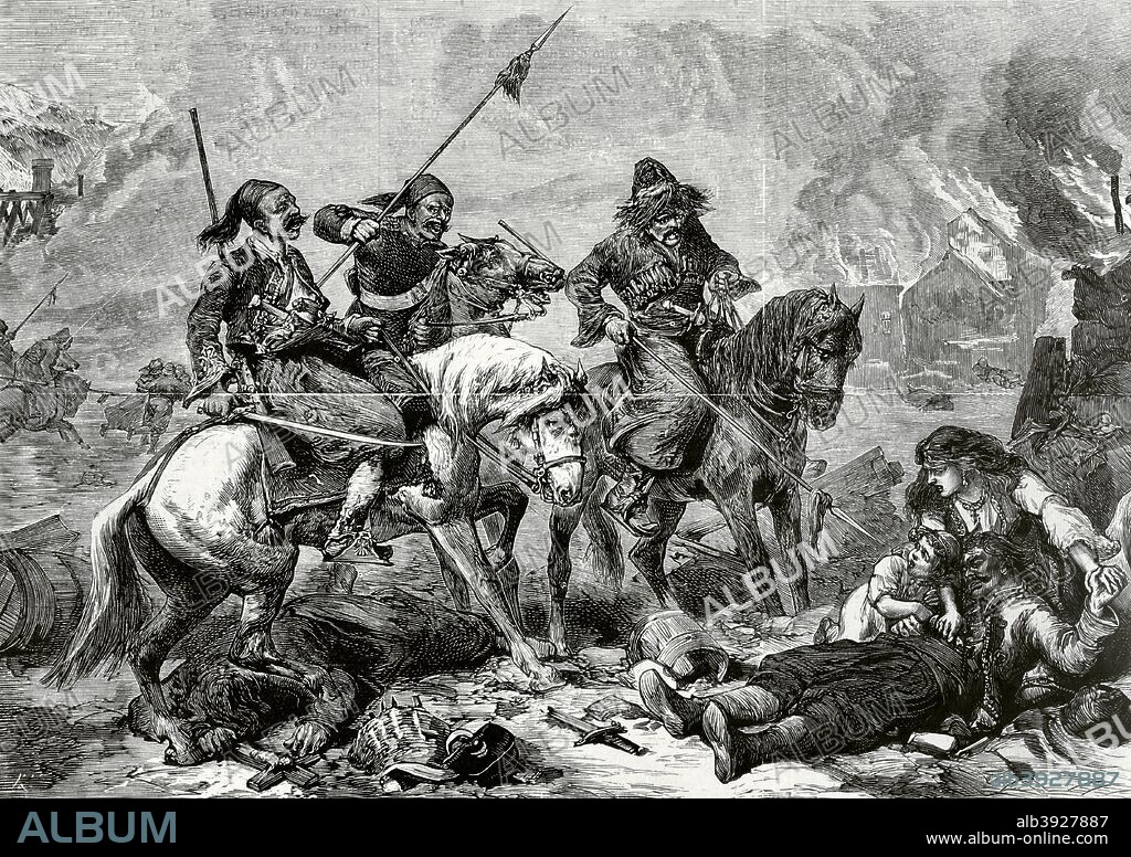 Europa. Siglo XIX. La Cuestión de Oriente. Guerra Turco-Serbia (1876-1878). El debilitamiento del Imperio Otomano hace nacer movimientos nacionalistas en los Balcanes. Serbia declaró la guerra al Imperio Otomano el 30 de junio de 1876. En Bulgaria se vivió el levantamiento de abril de 1876 con una fuerte represión por parte de las autoridades turcas. Los Bashi-Bazouks (soldados irregulares del ejército otomano) incendiando una aldeacristiana búlgara y acuchillando a sus habitantes. Estos soldados mercenarios eran conocidos por sus saqueos y salvajismo. Se hicieron famosos por atacar a la población civil. Grabado. La Ilustración Española y Americana, 30 de agosto de 1876. Biblioteca Histórico Militar de Barcelona. Cataluña, España.