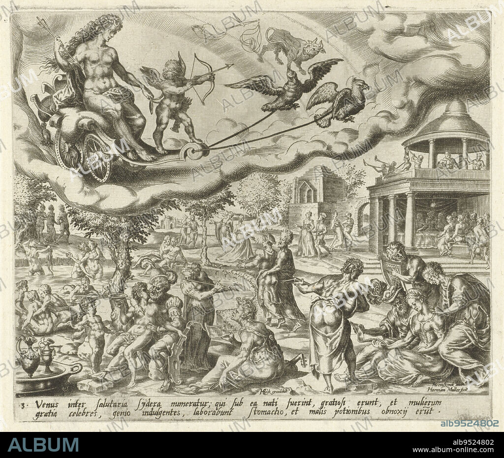 Venus and Amor riding in a chariot in the sky, pulled by two birds. The signs of Libra and Taurus indicate which people belong to Venus' sphere of influence. The people, born under this constellation, indulge in a pleasurable life and eroticism. In a landscape they make love, bathe, play music, walk in pairs or eat around a set table. Below in the margin a text in Latin about the children of Venus, The planet Venus and her children The seven planets (series title), print maker: Harmen Jansz Muller, (mentioned on object), Maarten van Heemskerck, (mentioned on object), publisher: Hieronymus Cock, (mentioned on object), Antwerp, 1566 - 1570, paper, engraving, h 217 mm × w 251 mm.