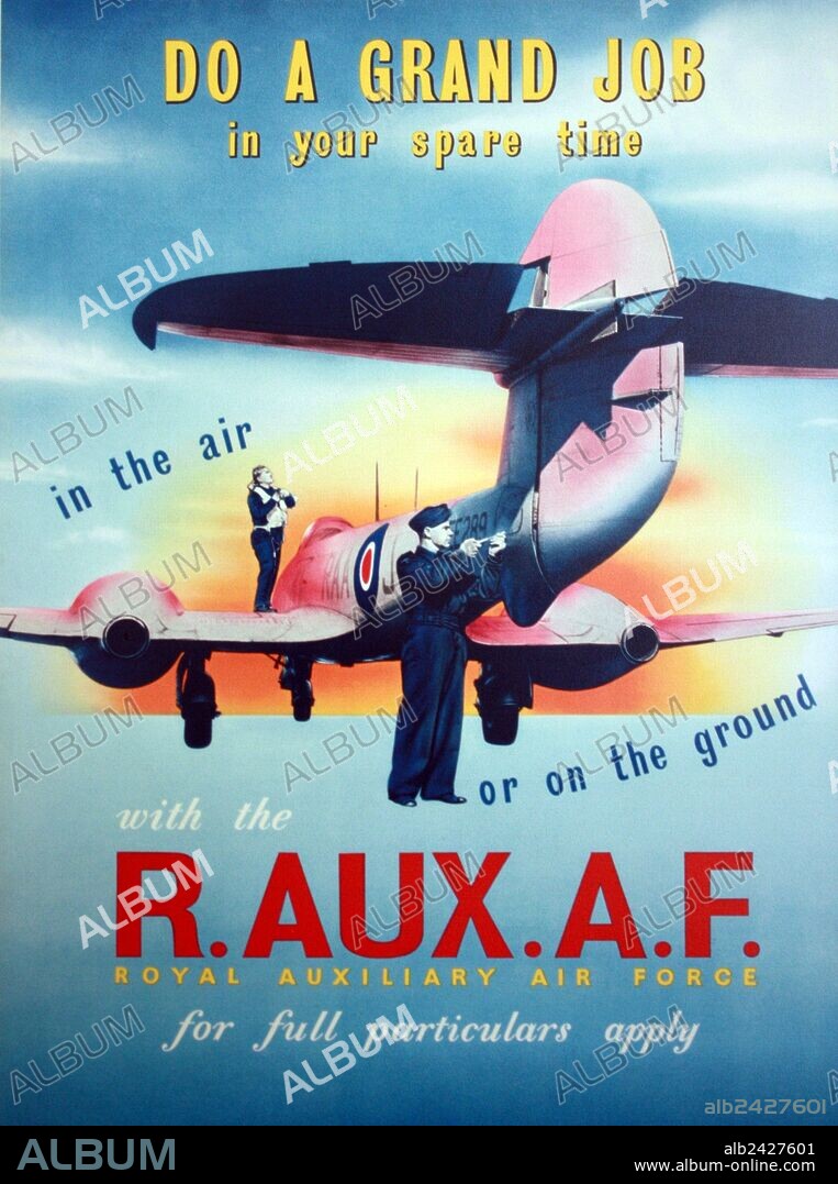 WWII (1939-1945) RAF Royal Air Force propaganda poster, The Royal Auxiliary Air Force (RAuxAF), originally the Auxiliary Air Force (AAF), is the voluntary active duty reserve element of the Royal Air Force, providing a primary reinforcement capability for the regular service. It consists of paid volunteers who give up some of their weekends, evenings and holidays to train at one of a number of squadrons around the United Kingdom. Its current mission is to provide trained personnel in support of the RAF. By March 1939, 21 flying squadrons had been formed, the 20 surviving units being incorporated into the Royal Air Force at the outbreak of war. The squadrons were equipped with a variety of operational aircraft which included Hurricanes and Spitfires. The squadrons scored a number of notable successes before and during the Second World War: the first flight over Mount Everest, the first German aircraft destroyed over British territorial waters-and over the mainland, the first U-boat to be destroyed with the aid of airborne radar, the first kill of a V-1 flying bomb; the first to be equipped with jet-powered aircraft, and the highest score of any British night fighter squadron. In the Battle of Britain, the AAF provided 14 of the 62 Squadrons in RAF Fighter Command's Order of Battle and accounted for approximately 30% of the accredited enemy kills. The losses caused during the Battle of Britain were replaced by drafting in regular and RAFVR pilots.The Tactical Air Force squadrons were chosen to carry out several successful ultra low-level raids on key 'pin-point' targets in occupied Europe. The Balloon Squadrons also played their part, downing and deterring many hostile aircraft and were accredited with the destruction of 279 V1 flying bombs.The Auxiliary Air Force was also responsible for the anti-aircraft Balloon defences of the UK, At the outbreak of war in 1939 there were about 42 Squadrons operating barrage balloons, with the number of Squadrons peaking at about 102 in 1944.