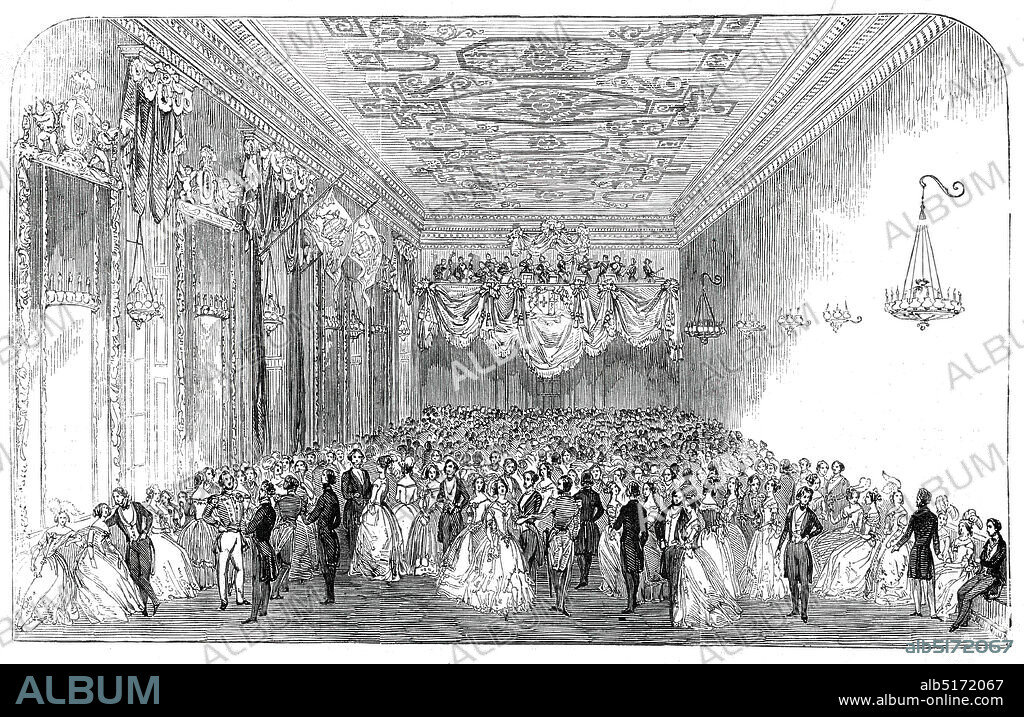 The Nobility's Ball, in the Banqueting-Room of Harewood House, 1845. Celebrations at Harewood House near Leeds in Yorkshire. 'The events which gave rise to the Festival were the Coming of Age, and Marriage, of Lord Viscount Lascelles, the eldest son of the present Earl of Harewood...a magnificent Ball was given to upwards of 700 of the nobility and gentry, which was kept up with great spirit until five o'clock. The Banqueting Room was most superbly refitted for the occasion...'. From "Illustrated London News", 1845, Vol VII.