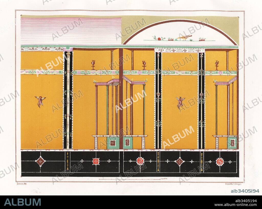 Wall painting from a small bedroom in the House of Orpheus, Casa di Orfeo, or the house of Vesonius Primus. Reg. VI, Ins. 14, No. 20. Chromolithograph by Victor Steeger after an illustration by Geremia Discanno from Emile Presuhn’s Les Plus Belles Peintures de Pompei (The Most Beautiful Paintings of Pompeii), Leipzig, 1881.