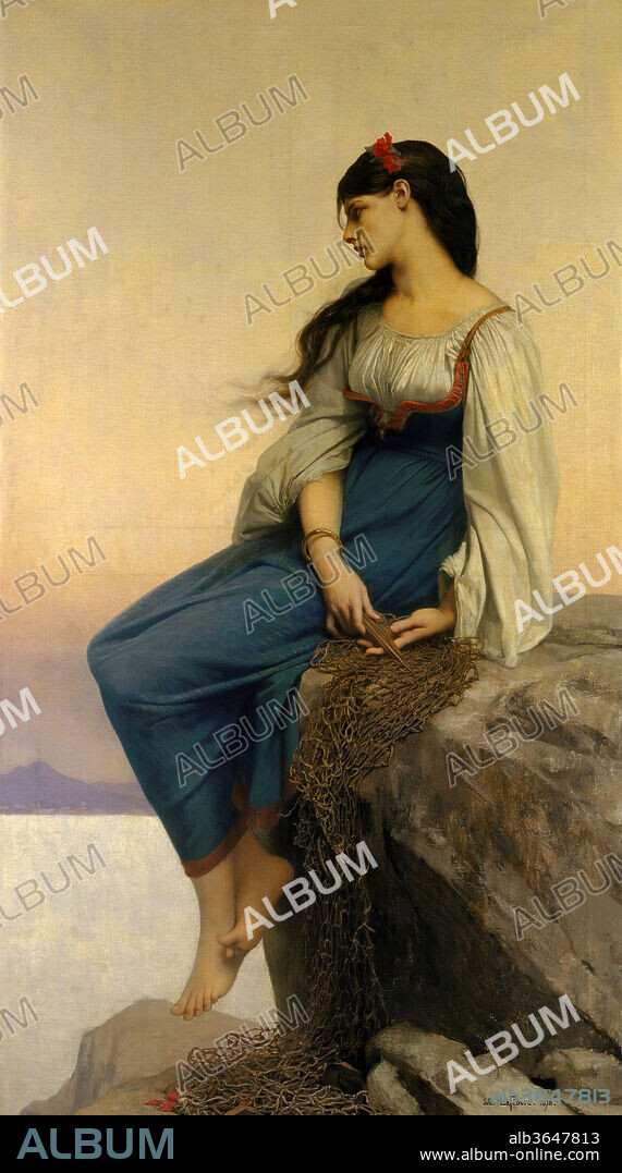 Graziella. Artist: Jules-Joseph Lefebvre (French, Tournan 1836-1912 Paris). Dimensions: 78 3/4 x 44 1/4 in. (200 x 112.4 cm). Date: 1878.
Winner of the coveted Prix de Rome in 1861, Lefebvre fulfilled his early promise both as a painter of meticulously executed portraits and nudes and as a teacher: during his long career, he earned three Salon medals, was appointed to the French Academy of Fine Arts, and attained the rank of Commander in the Legion of Honor.
Catharine Lorillard Wolfe commissioned <i>Graziella</i> in 1878. It depicts the heroine of Alphonse de Lamartine's popular tale of the same name, which was first published in 1849. The story revolves around the narrator's love for the beautiful daughter of a Neapolitan fisherman. Lefebvre portrayed her mending a fishing net as she gazes over her shoulder toward the distant simmering profile of Mount Vesuvius.