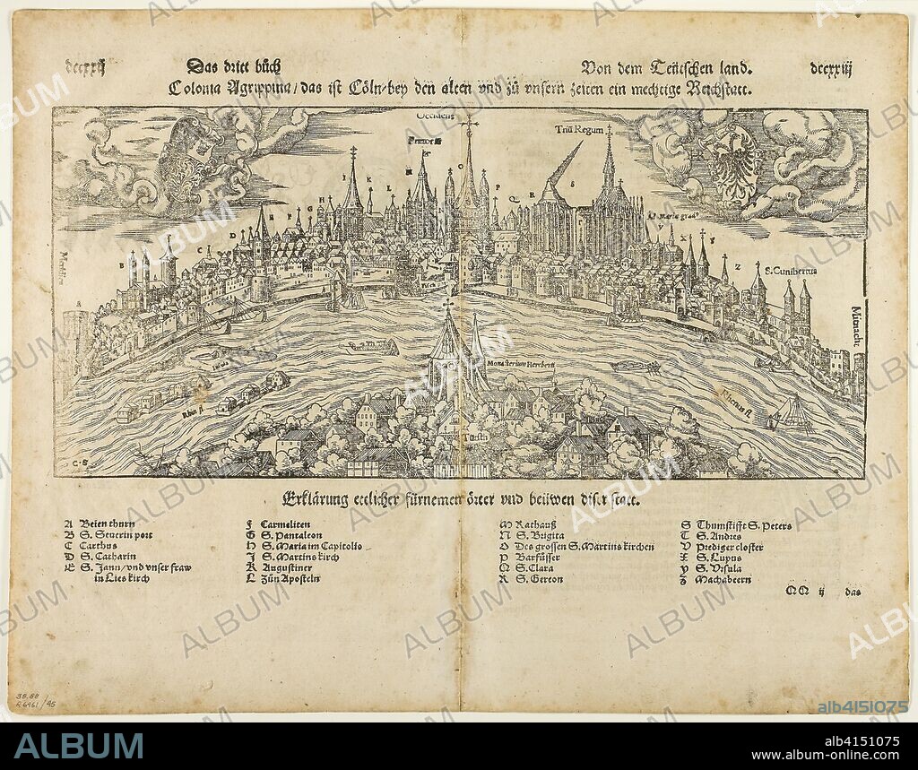 View of Cologne (recto) Man Hanged from a Tree (verso), Two leafs DCCXXI-DCCXXIIII from Kosmographie by S. Münster, plate 45 from Woodcuts from Books of the XVI Century. Hans Rudolf Manuel Deutsch (Swiss, 1525-1572); assembled by Max Geisberg (Swiss, 1875-1943). Date: 1564-1565. Dimensions: 54 x 59 mm (image, recto); 169 x 255 mm (image/text, recto); 318 x 124 mm (sheet, folded); 168 x 368 mm (image, verso); 243 x 368 mm (image/text, verso); 319 x 409 mm (sheet, unfolded). Woodcut on paper. Origin: Switzerland.