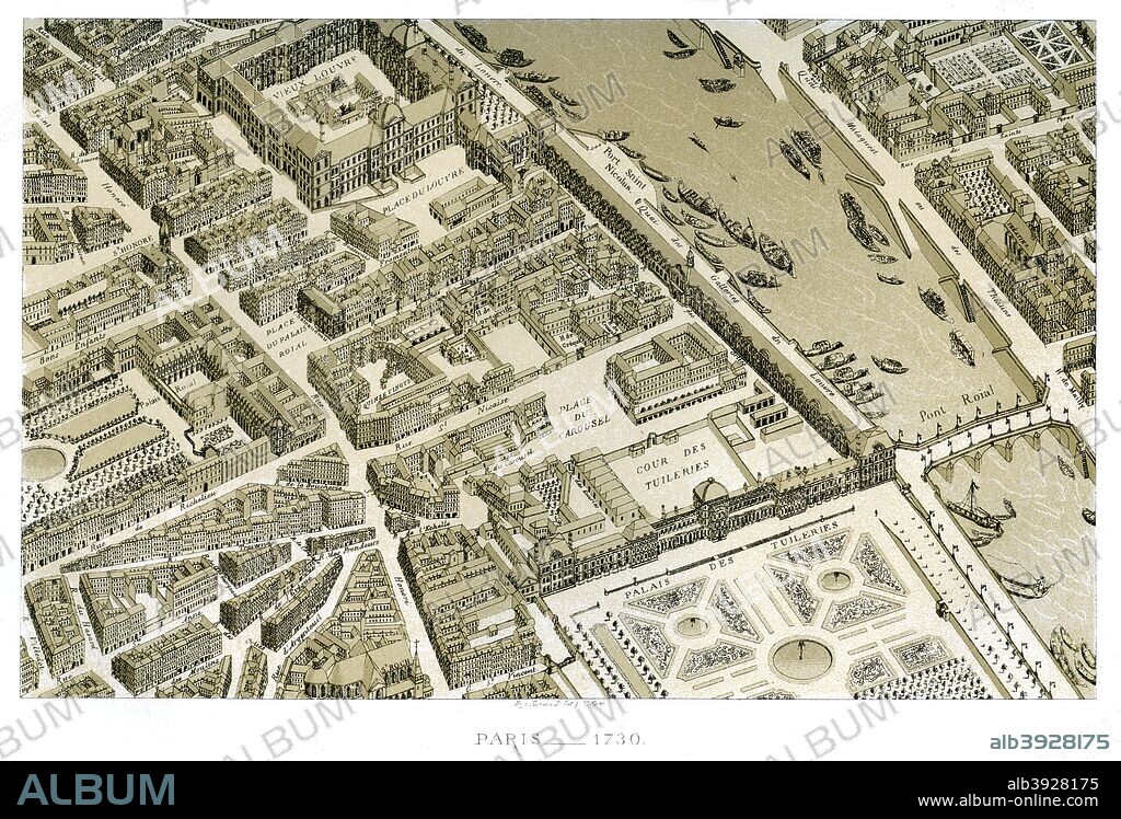 Paris, France, c1730. Fragment view of Paris as drawn under the orders of Michel Etienne Turgot. Visible landmarks are the Louvre, the Tuileries, and the Pont Royal over the River Seine.