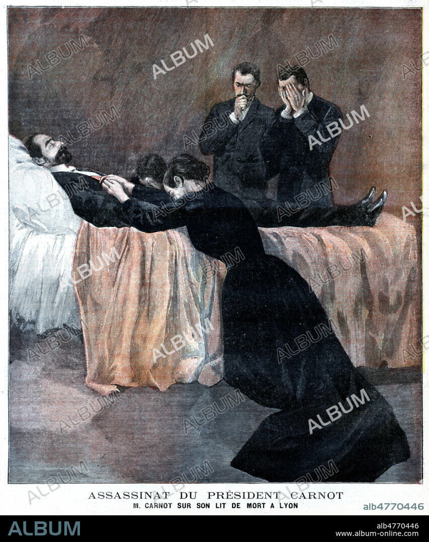 Assassinat du president Sadi CARNOT (1837-1894). M. Carnot sur son lit de mort a Lyon. Illustration anonyme pour Le petit Journal illustre du 2 juillet 1894. Credit : Collection KHARBINE-TAPABOR.