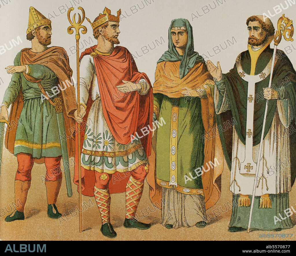 Anglosajones (500-1000). De izquierda a derecha, 9: Jefe militar, 10: Rey (966), 11: Dama noble (850), 12: Obispo (900). Cromolitografía. Historia Universal, por César Cantú. Tomo IV. Publicado en Barcelona, 1881.
