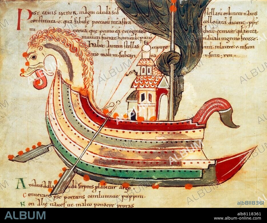 Angelsächsische Buchmalerei, um 1025-1050. Kriegsschiff der Wikinger. Ms. Cotton Tiberius. B V, part I., fol. 40v. London, British Library.