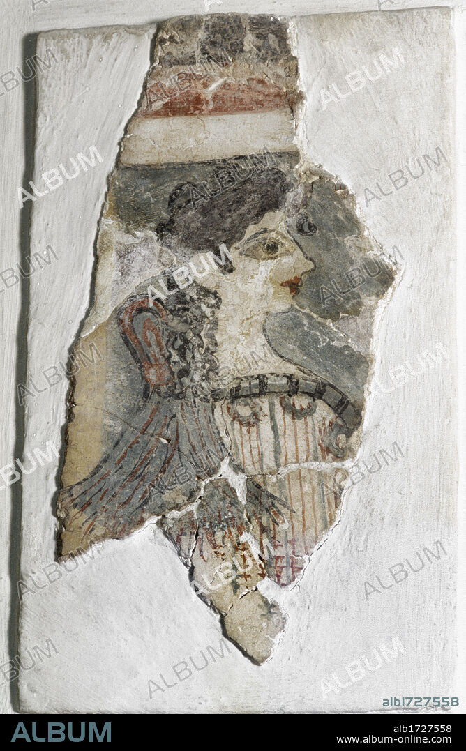 Minoan civilization. Fragment of a fresco showing a young woman, known as "La Parisienne". 1350 BC. From the Camp-Stool fresco, c. 1350 BC, western wing of the palace at Knossos, Crete. Heraklion Archaeologcal Museum. Crete, Greece.