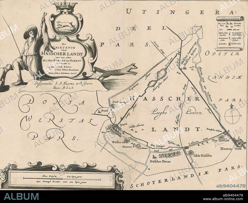 Map of the Haskerland district, De grietenye van Hasscherlandt (title on object), Top left cartouche with the coat of arms of Haskerland, title and administrative information about the district. Around it a hunter with a dead hare, a hunting dog and a fox. Bottom left a scale bar: Hora itineris / A uyre gaens - 1400 kings roeden for a uyre gaens. Top right legend., print maker: Jacob van Meurs, (possibly), Bernardus Schotanus à Sterringa, (mentioned on object), Sjoerd Aetesz. Haacma, (mentioned on object), print maker: Amsterdam, Friesland, Friesland, Friesland, 1664, paper, engraving, height 259 mm × width 337 mm.
