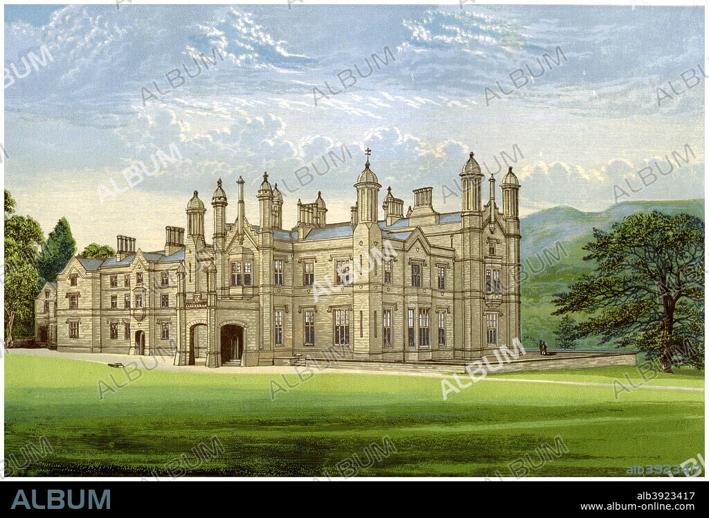 Glanusk Park, Brecknockshire, Wales, home of Baronet Bailey, c1880. The house was built in 1826 for an ironmaster, Sir Joseph Bailey. It was demolished in 1952, having been damaged by fire after being requisitioned by the army during World War II. A print from A Series of Picturesque Views of Seats of the Noblemen and Gentlemen of Great Britain and Ireland, edited by Reverend FO Morris, Volume I, William Mackenzie, London, c1880. Wood-engraved plates after paintings by Benjamin Fawcett and Alexander Francis Lydon.