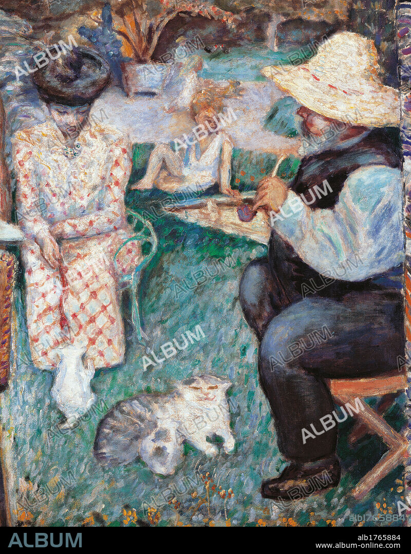 A Bourgeois Afternoon or The Terrasse Family, by Pierre Bonnard, 1900, 20th Century, oil on canvas, cm 139 x 212. France, Ile de France, Paris, Muse dOrsay. Detail. The bourgeois afternoon the Terrasse family hat straw pipe children cat yard bushes.  Please remember that author's rights have to be cleared for modern and contemporary works of arts.