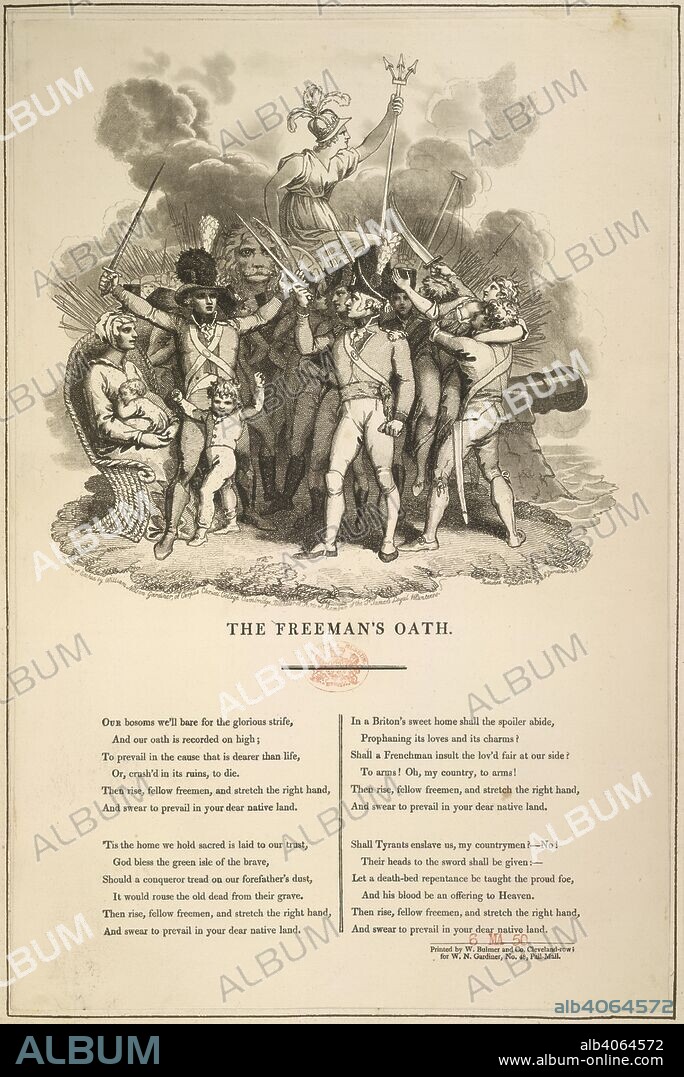 WILLIAM NELSON GARDINER. The Freeman's Oath. Loyal and patriotic hand-bills, songs, addresses,. London, 1803. The Freeman's Oath. A patriotic song on the subject of French invasion.  Image taken from Loyal and patriotic hand-bills, songs, addresses, etc. on the threatened invasion of Great Britain by Buonaparte.  Originally published/produced in London, 1803. . Source: 650.a.12.(86),. Language: English.