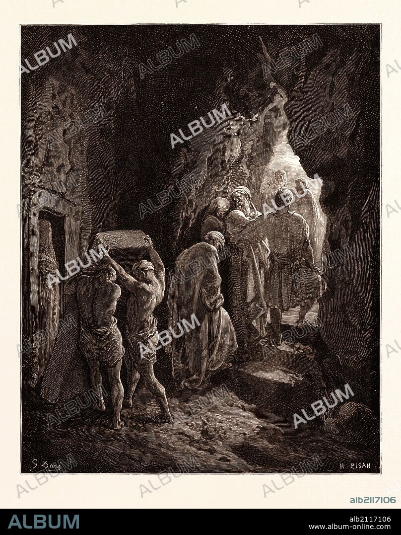 THE BURIAL OF SARAH, BY GUSTAVE DORÉ. Dore, 1832 - 1883, French. Engraving for the Bible. Wood engraving by Heliodore Joseph Pisan after Gustave Dore, with signatures in the print, 1870, Art, Artist, holy book, religion, religious, christianity, christian, romanticism, colour, color engraving.