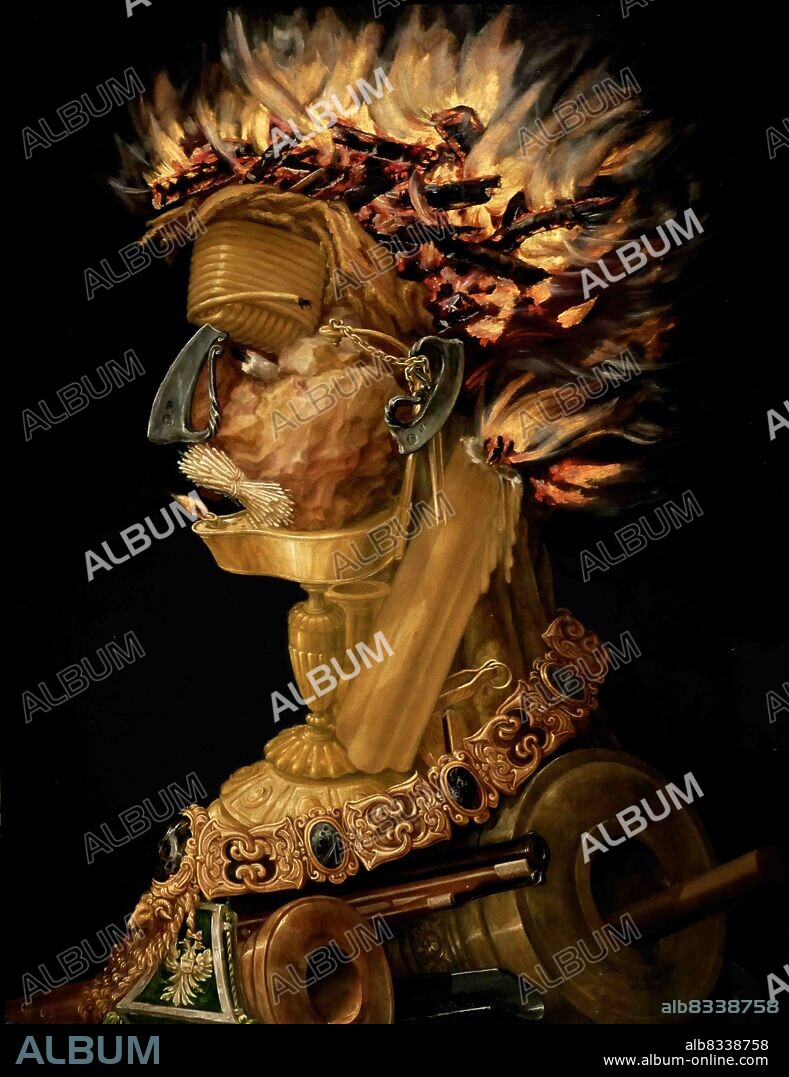 Fire, 1566 by Giuseppe Arcimboldo. Giuseppe Arcimboldo (1526 or 1527 - 11 July 1593) was an Italian painter best known for creating imaginative portrait heads made entirely of objects such as fruits, vegetables, flowers, fish and books.