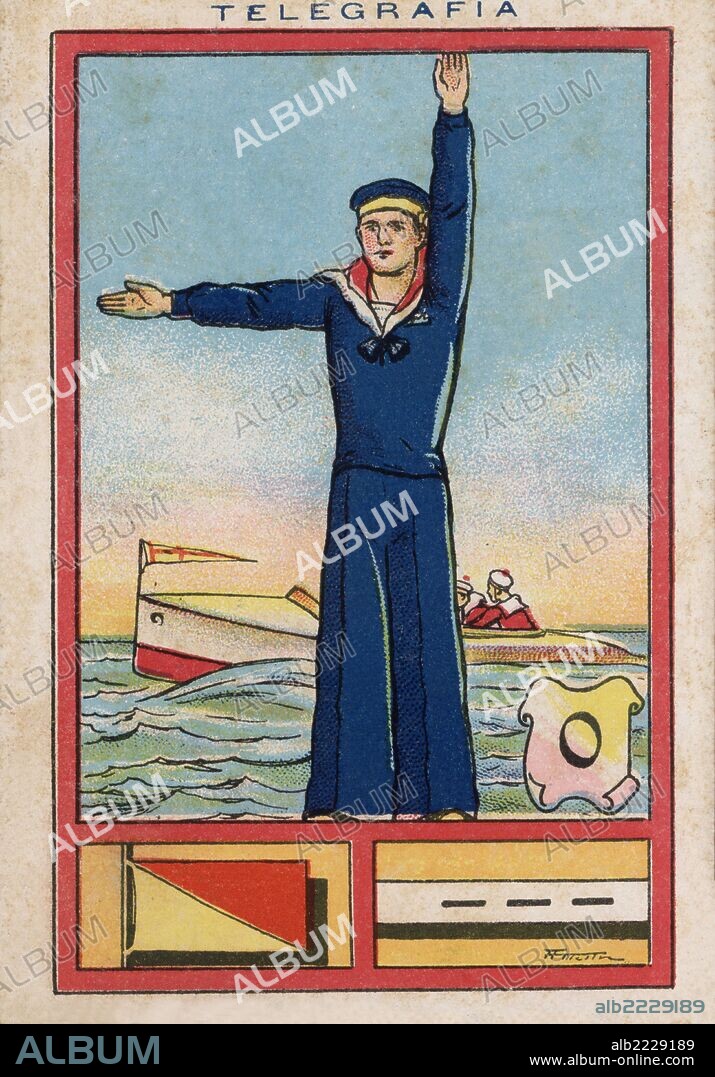 APEL·LES MESTRES I OÑÓS. Sistema de señales telegráficas de la marina de guerra. Lenguaje internacional de banderas y código Morse. Letra O. Dibujo de Apel·les Mestres. Años 1930.