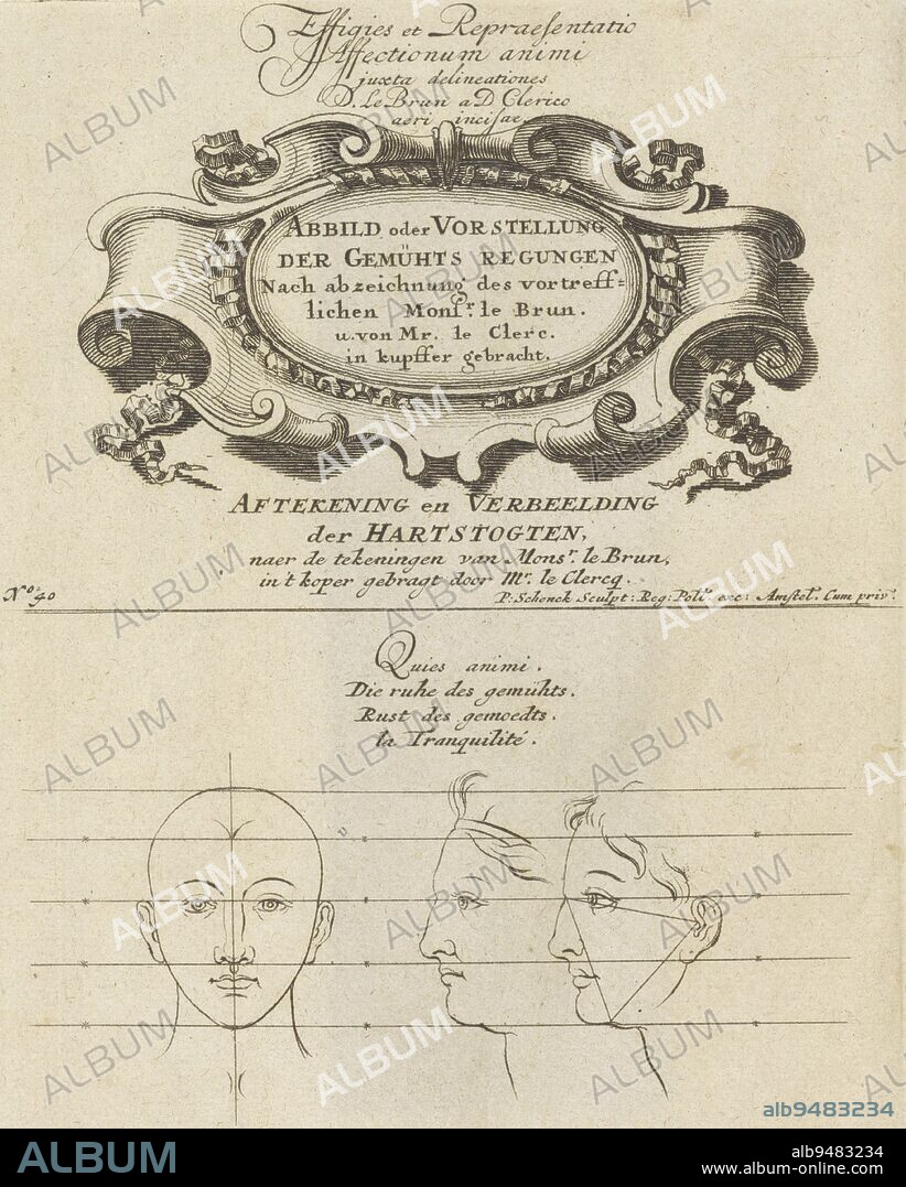 Ornamental cartouche and a calm facial expression, Pieter Schenk (I), after Sébastien Leclerc, after Charles Le Brun, 1692 - 1711, Above a cartouche with the title of the series in German. Below, a face from the front and side with a calm facial expression., print maker: Pieter Schenk (I), (mentioned on object), Sébastien Leclerc, (mentioned on object), intermediary draughtsman: Charles Le Brun, (mentioned on object), Amsterdam, 1692 - 1711, paper, etching, h 211 mm × w 157 mm.