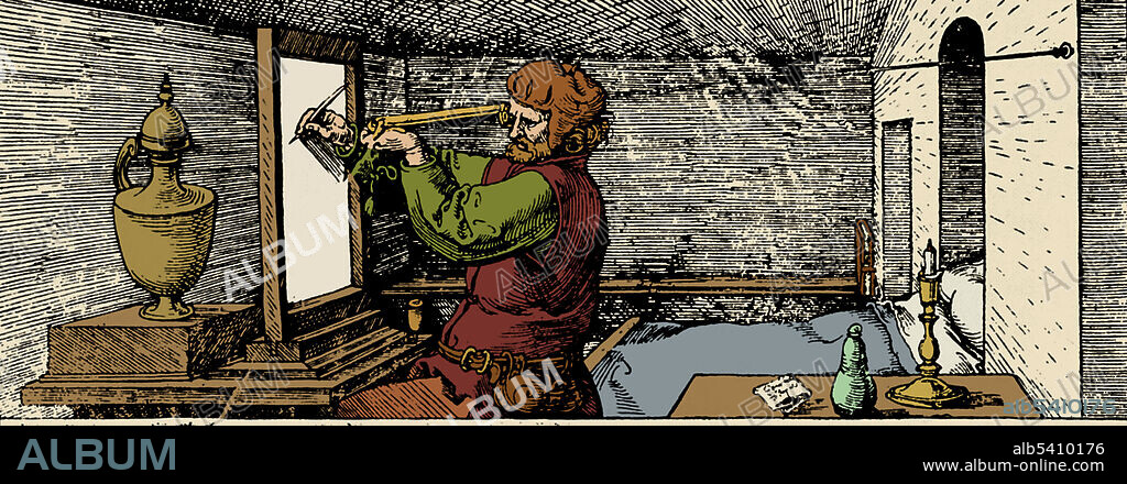 Perspective Projection, Pictures for Geometry, Albrecht Durer, 1532. Durer woodcut of Jacob de Keyser's invention. With de Keyser's device, the artist's viewpoint was fixed by the eye of a large needle inserted in the wall. This was joined by a silk string to a gun-sight style instrument, with a pointed vertical element at the front and a peephole at the back. The artist aimed at the object and traced its outline on the glass, keeping the eyepiece aligned with the string to maintain the correct angle of vision. Perspective, in context of vision and visual perception, is the way in which objects appear to the eye based on their spatial attributes, or their dimensions and the position of the eye relative to the objects. Perspective in the graphic arts, is an approximate representation, on a flat surface, of an image as it is seen by the eye.