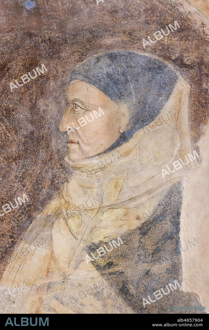 "Portrait of Giovanni Boccaccio". This is the oldest and most faithful documented portrait of Boccaccio.. Frescoes by Jacopo di Cione (brother of Orcagna) based on the iconographic program of Coluccio Salutati (1375-1406) preserved in the Palazzo dell'Arte dei Giudici e Notai, or del Proconsolo in Florence.