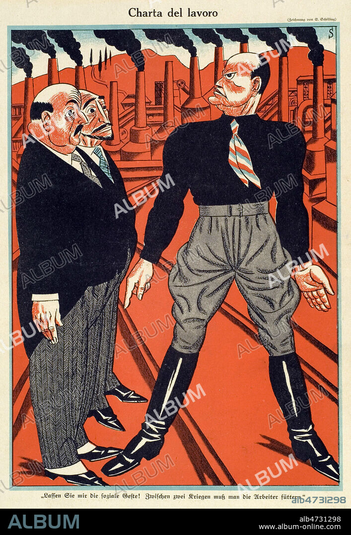 MUSSOLINI (1883-1945) parle a deux patrons d'industrie. Caricature a propos de la Charte du Travail (Carta del Lavoro) promulguee par le Grand Conseil du Fascisme en Italie, sur les rapports entre employeurs et travailleurs. Illustration de E. SCHILLING (1885-1945) pour Simplicissimus du 16 mai 1927. Credit Coll. Dixmier/KHARBINE-TAPABOR.