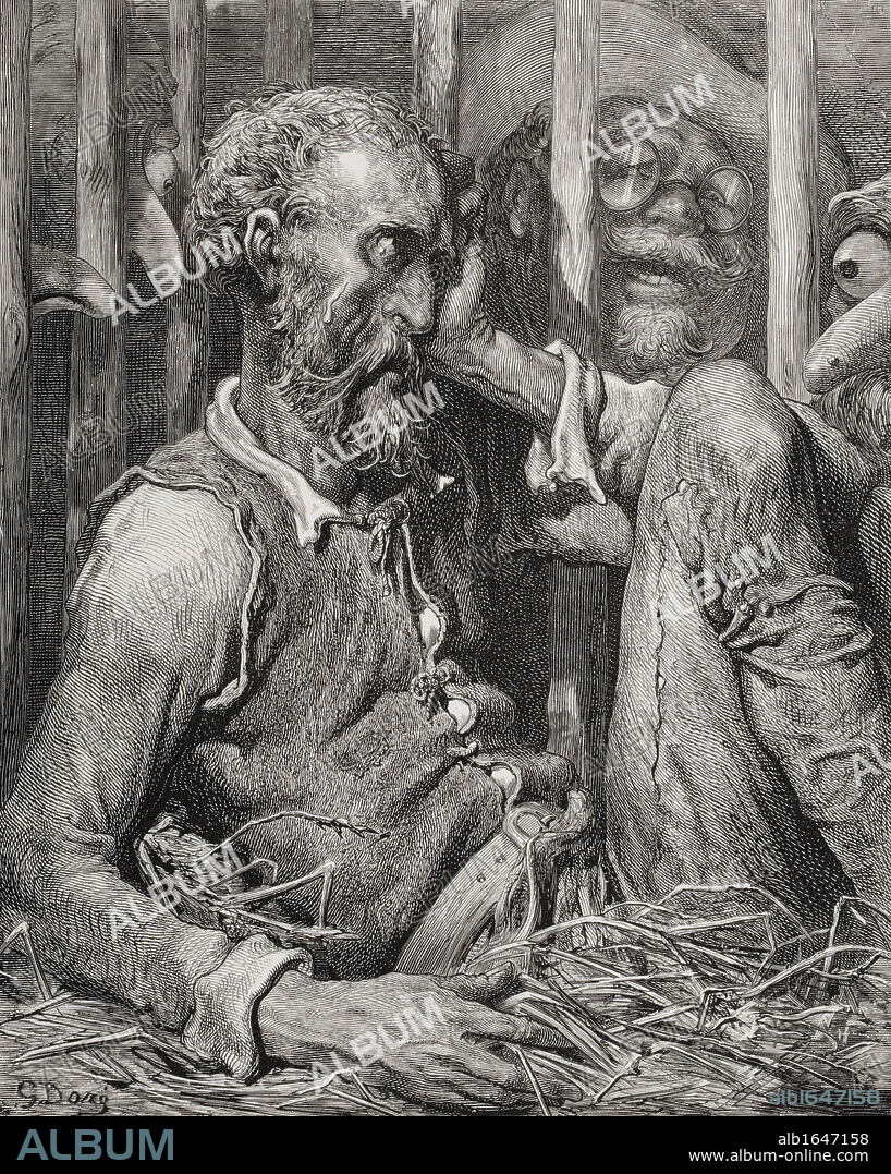 Engraving by Gustave Dore 1832-1883 French artist and illustrator of The Enchantment of Don Quixote from Don Quixote by Miguel de Cervantes Saavedra Chapter 42 and 43.