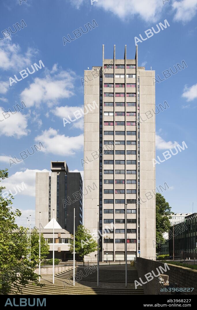 Halls of residence, Priory Street, Coventry University, West Midlands, 2014. Quadrant Hall and Priory Hall viewed from the west.