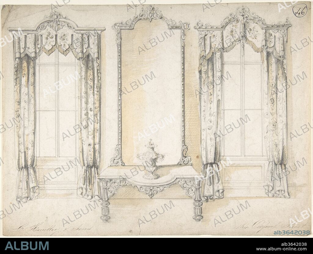 Design for Wall with Fireplace and Side Tables. Artist: Charles Hindley and Sons (British, London 1841-1917 London). Dimensions: sheet: 10 9/16 x 14 in. (26.8 x 35.6 cm). Date: 1841-84.