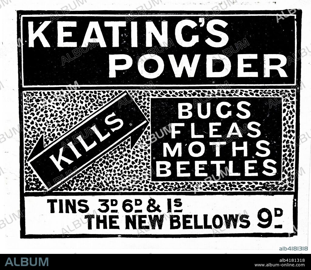 Advertisement for Keating's Powder for killing bugs, fleas, moths, beetles and other insects. Dated 20th century.