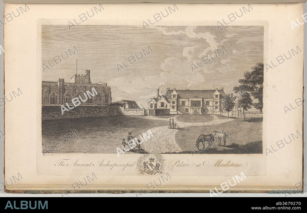 The Ancient Archiepiscopal Palace at Maidstone, from Edward Hasted's, The History and Topographical Survey of the County of Kent, vols. 1-3. Artist: Drawn and etched by Richard Bernard Godfrey (British, probably London ca. 1728-1795 after). Dimensions: Book: 17 5/16 × 11 × 13/16 in. (44 × 28 × 2 cm)
Sheet: 16 15/16 × 10 5/8 in. (43 × 27 cm)
Plate: 10 1/16 × 14 in. (25.5 × 35.5 cm). Date: 1782.
Plate 9, vol. II, published 1782.  See 2014.599.1-.30 for comments.