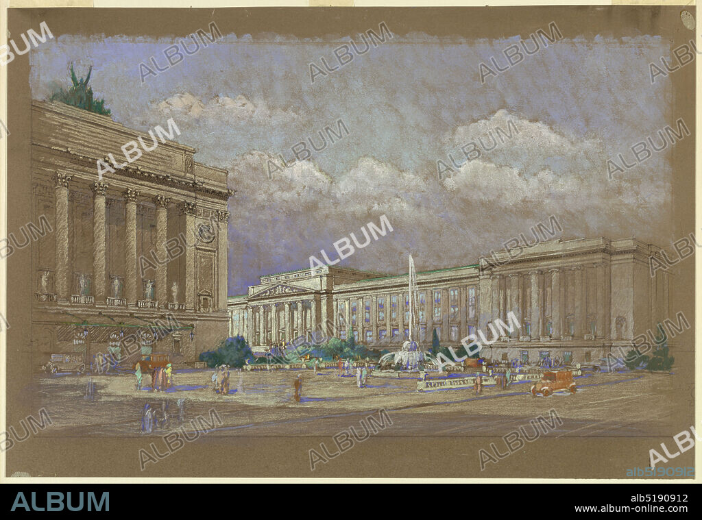 Study for Proposed Music and Arts Center, New York, NY, Pastel on brown wove paper, View of two buildings in Neoclassical style with fountain in middle ground; people strolling in open space in front of the two buildings., USA, ca. 1915, architecture, Drawing, Drawing.