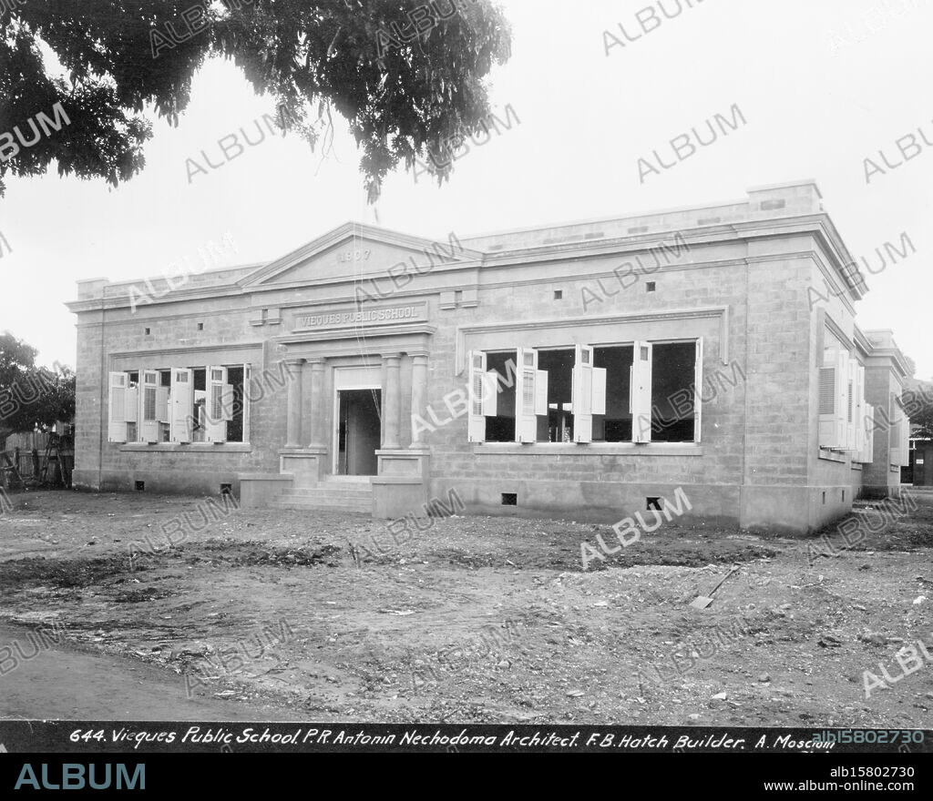 Vieques Public School, P.R., Antonin Nechodoma, architect. F.B. Hatch, builder, A. Moscioni photo., Public school building, Vieques, Puerto Rico., Moscioni, A. (Attilio), 1876-1950, photographer, ca. 1907, Schools, Puerto Rico, Vieques Island, 1900-1910, Photographic prints, 1900-1910., Photographic prints, 1900-1910, 1 photographic print.