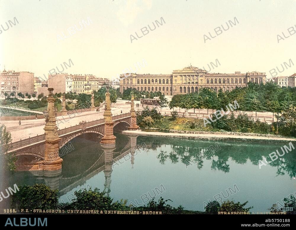 Strasbourg (Bas-Rhin), Université (constr, 1879-85). "Strasbourg. L'université et le pont de l'Université". Photo colorisée "Photochrome" (v. 1895/1900).