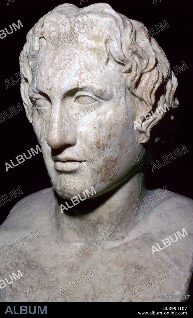 Bust of Alexander the Great (356-323 BC), copying the physiognomy of Alexander as portrayed by Lysipuus c. 330 BC, currently in the Louvre's collection.