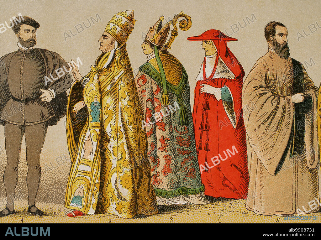 Historia de Italia. 1500. De izquierda a derecha, 1: caballero veneciano, 2: traje pontifical, 3: servidor del pontífice, 4: cardenal, 5: Procurador de San Marcos. Cromolitografía. "Historia Universal", por César Cantú. Tomo VIII, 1881.