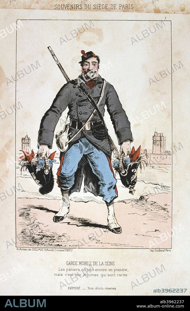 'Garde Mobile de la Seine', Siege of Paris, 1870-1871. Print from a series titled Souvenirs du Siege de Paris. After the disastrous defeat of the French at Sedan and the capture of Napoleon III, the Prussians surrounded Paris on 9 September 1870, besieging the city until its eventual surrender in January 1871. The Garde Nationale was an army recruited from the citizenry of Paris to defend it against any Prussian assault. They were instrumental in the overthrow of the government in March 1871 and the establishment of the Paris Commune. From a private collection.