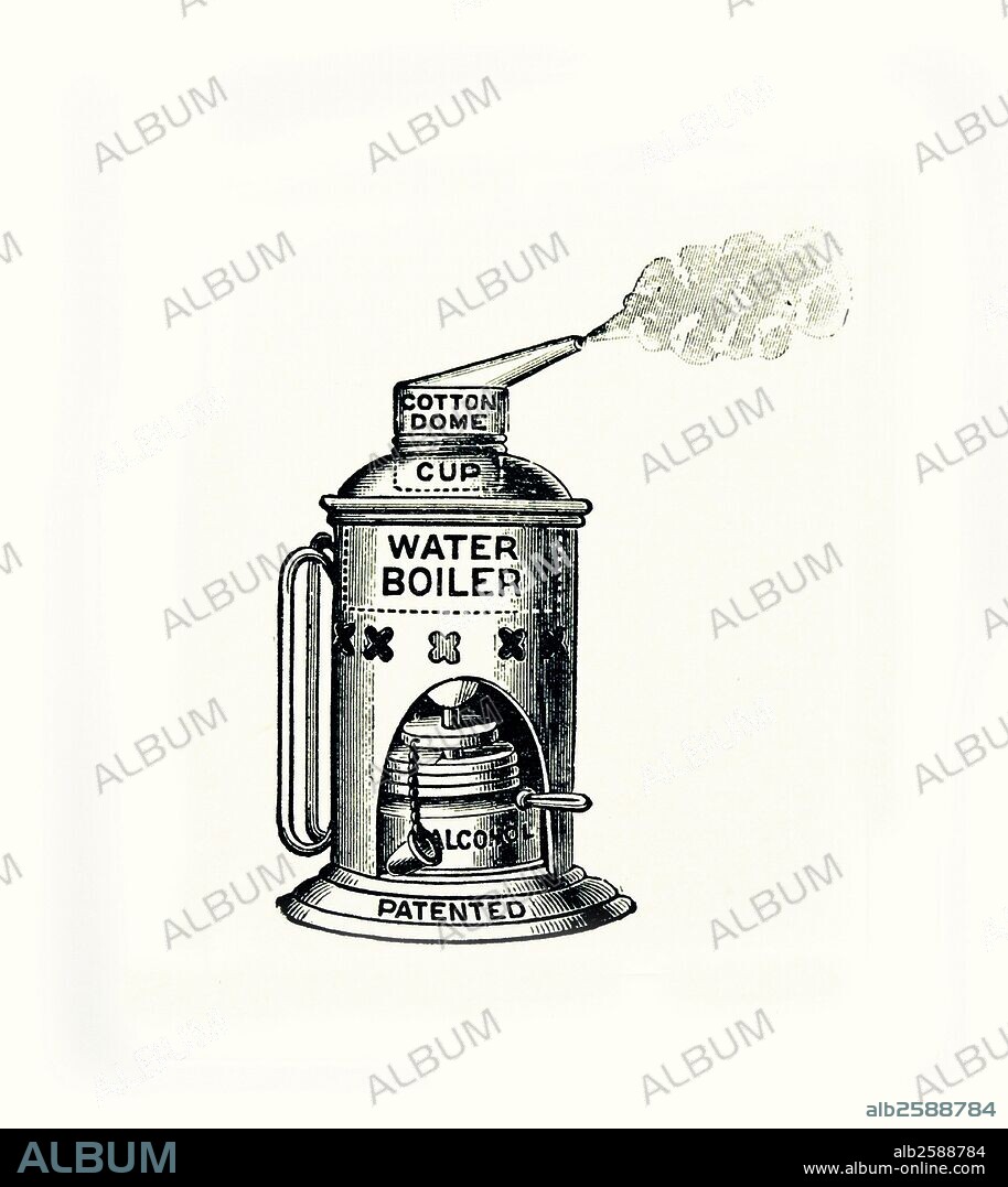 Portable Bronchitis Kettle, Lamp boiled water and the steam passed through dome containing something such as Firar's Balsam or Eucalyptus oil which relieved shortness of breath. Engraving from ''Virtue's Household Physician'', London, 1823.