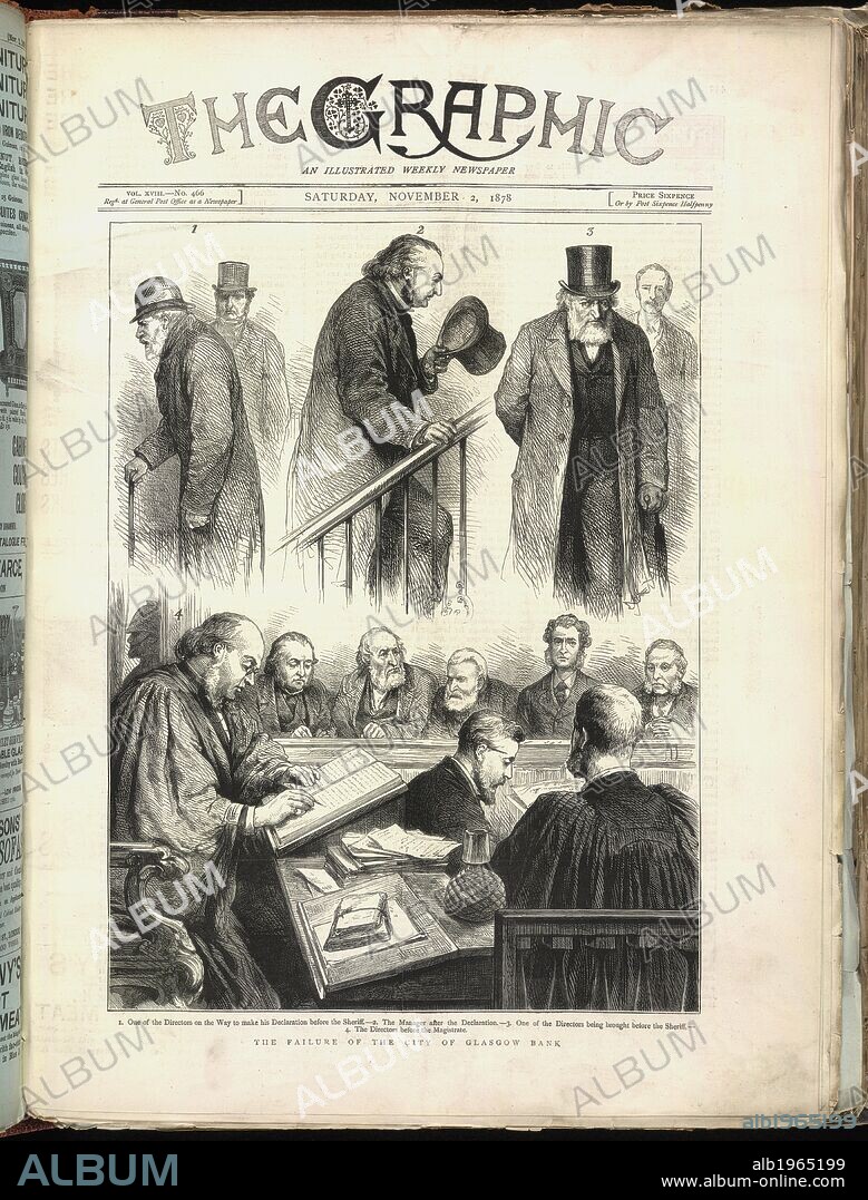 Glasgow City Bank. The Graphic. November 2, 1878. The failure of the city of Glasgow bank. An illustration showing the directors before the magistrate.  Image taken from The Graphic.  Originally published/produced in November 2, 1878. . Source: Colindale,. Language: English.