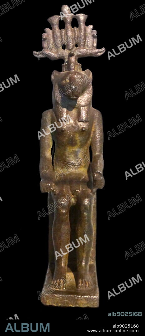 Depiction of the Egyptian deity Horus of Buto. Bronze. Late Period (715-332 BC). The so-called Horns of Buto is portrayed with a male human body and a lions head. On the platform is a text addressed to the Delta goddess Wadjet.