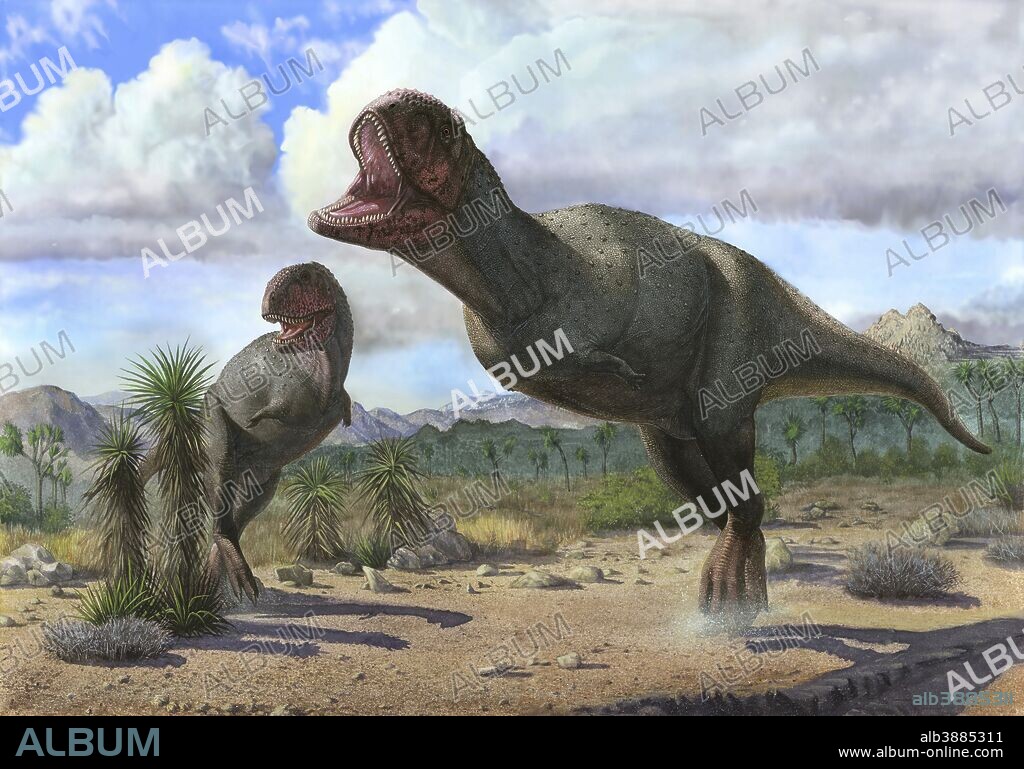 The painting represents a couple of Pycnonemosaurus nevesi running at the time of the attack to the alleged dam.
