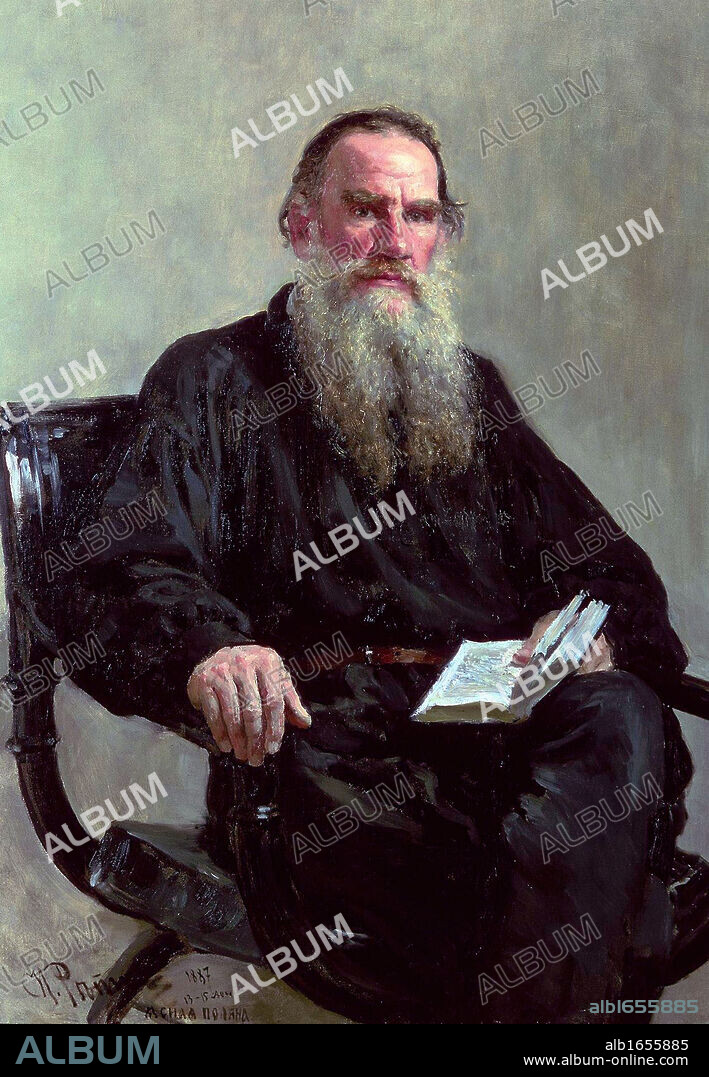 Leo Tolstoy, 1887. Oil on canvas. Ilya Repin (1844-1930), Russian painter.  Tolstoy (1828-1910), Russian writer, philosopher and mystic seated in chair, book in hand. His works include 'War and Peace' and 'Anna Karenina'. Beard.