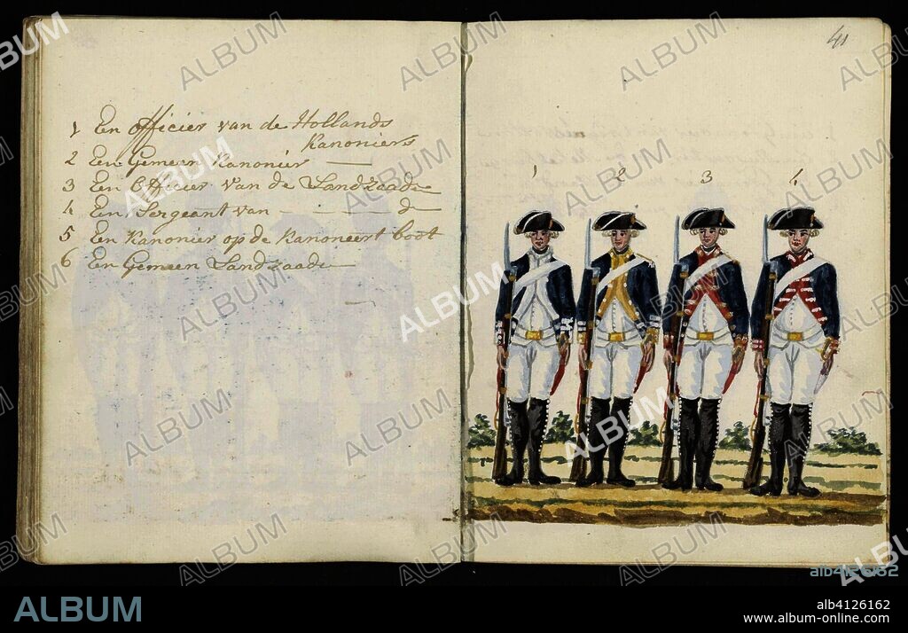 S. G. CASTEN. Uniforms of Musketeers. Draughtsman: S.G. Casten. Dating:  1795 - 1796. Place: Amsterdam. Measurements: h 197 mm × w 310 mm. - Album  alb4126162