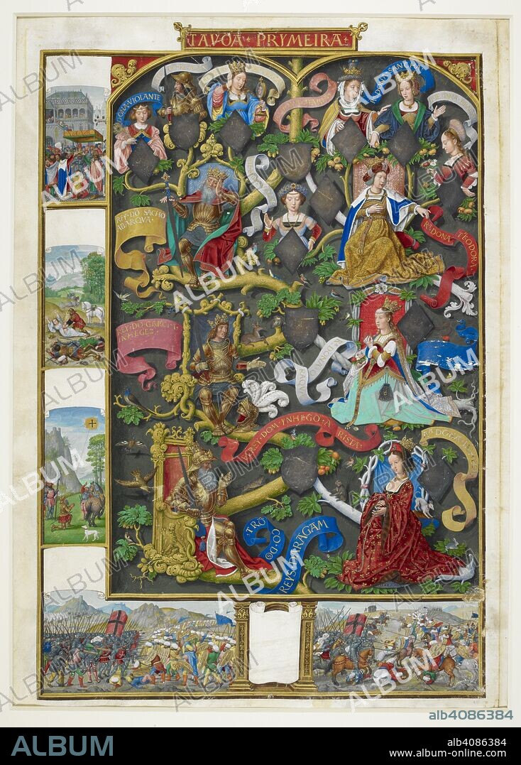 SIMON BENING. Genealogy of the Kings of Navarre and Aragon, from Don Inigo Arista (d. early 9th century) to Don Sancho I. In the margins, are depicted the coronation of King Sancho as a child; the death of Garcia IÃ±iguez and his queen, and the posthumous birth of Sancho Abarca; Inigo Arista's vision of a cross; and battle scenes, probably between Sancho Abarca and the Moors at Pamplona.    . The Portuguese Genealogy / Genealogia dos Reis de Portugal. S. Netherlands (Bruges), 1530-1534. Source: Add. 12531, f.4. Language: Portuguese.