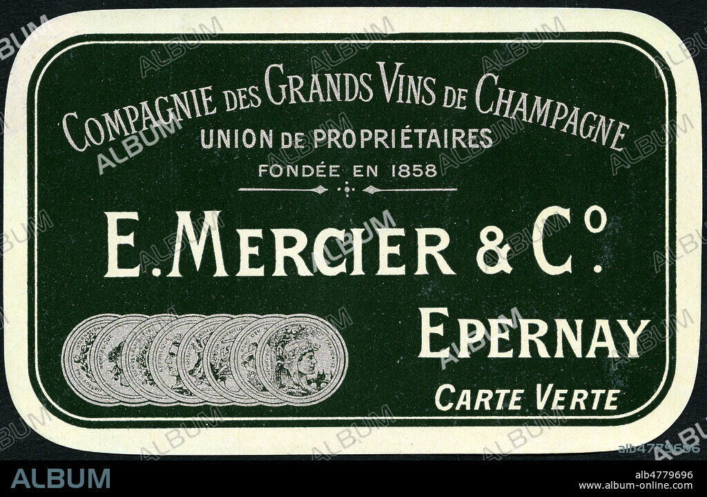 'Compagnie des grands vins de Champagne E. Mercier & Cie, Epernay'. Illustration anonym pour une etiquette vers 1910. Credit : Collection IM/KHARBINE-TAPABOR.